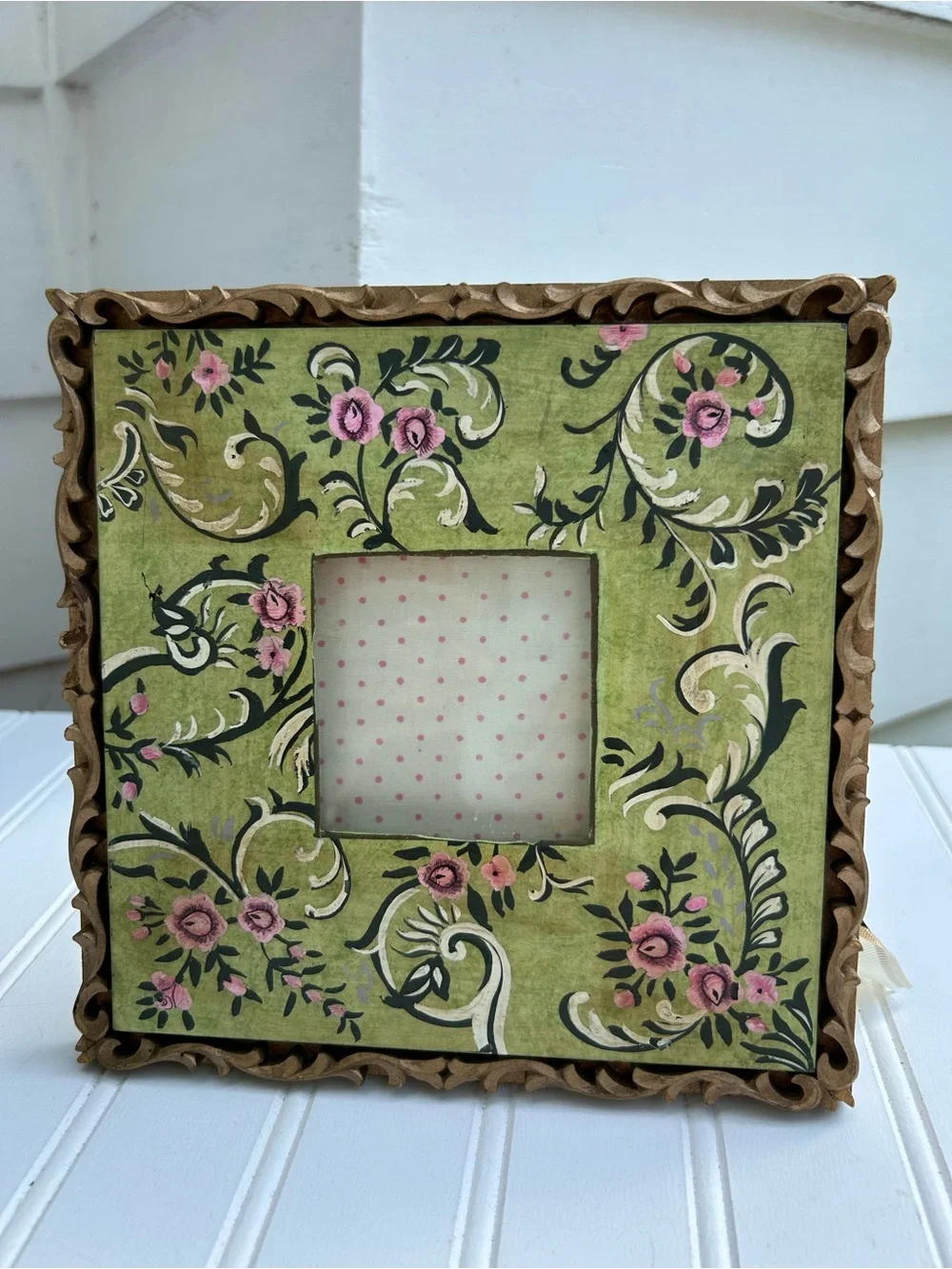 Hand-Painted Frame Olive Green Pink Floral Picture Carved Made in India 8x8